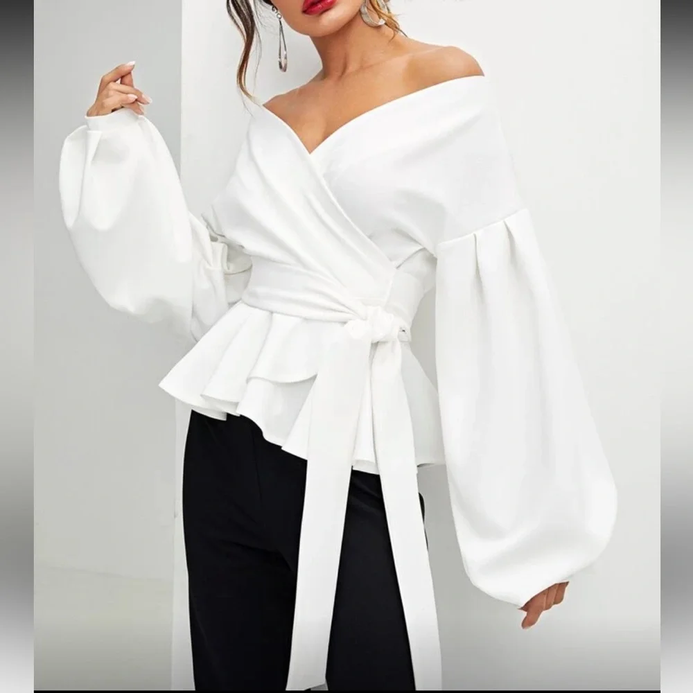 Elegant White Wrap Open Front Blouse Top Shirt - Picture 3 of 8